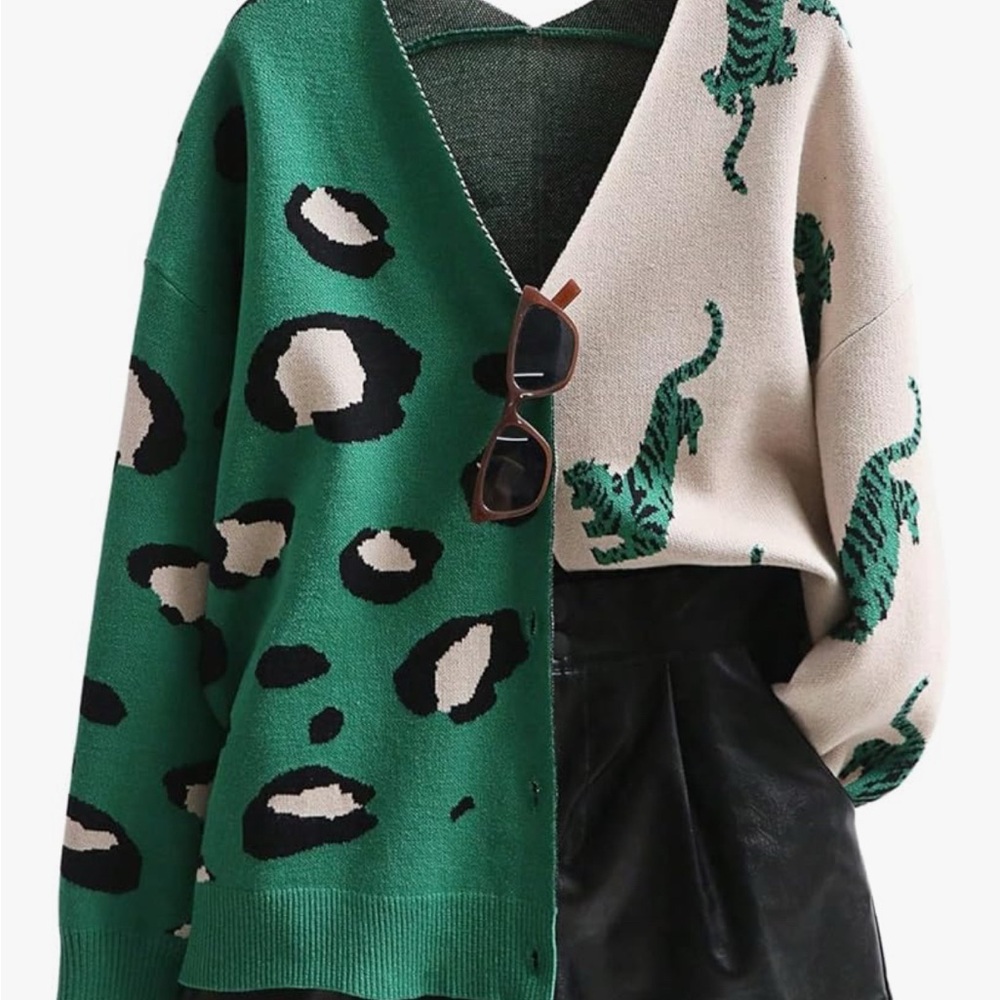 Green and Cream Leopard and Tiger Pattern Sweater